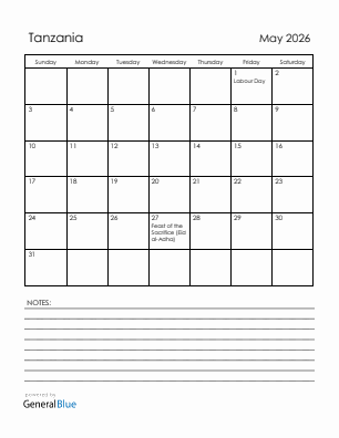 Current month calendar with Tanzania holidays for May 2026