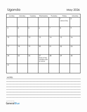 Current month calendar with Uganda holidays for May 2026