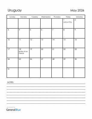 Current month calendar with Uruguay holidays for May 2026