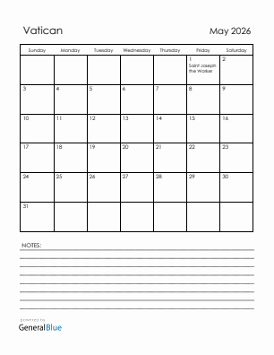 Current month calendar with Vatican holidays for May 2026
