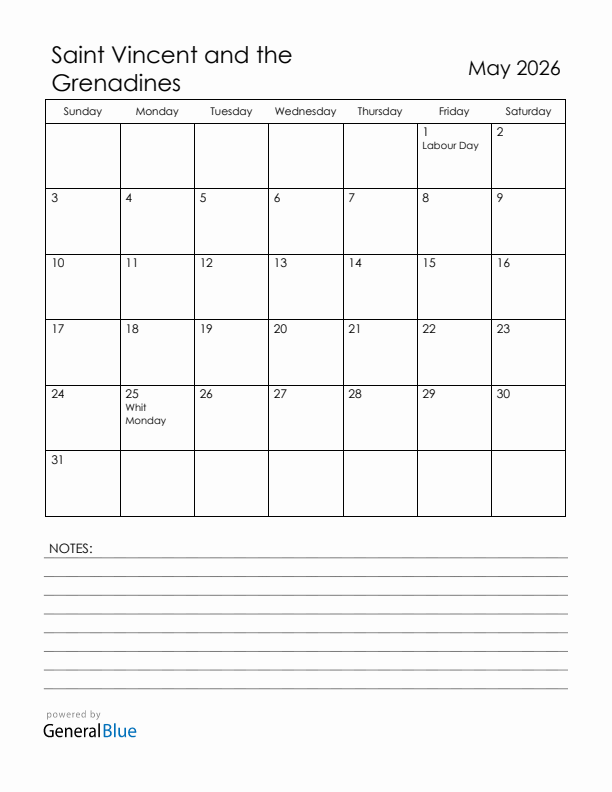 May 2026 Saint Vincent and the Grenadines Calendar with Holidays (Sunday Start)