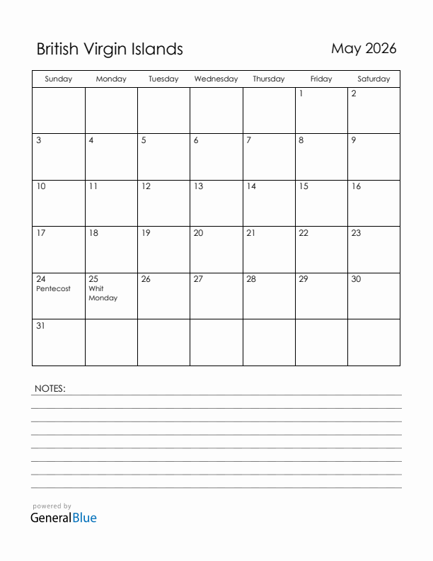 May 2026 British Virgin Islands Calendar with Holidays (Sunday Start)