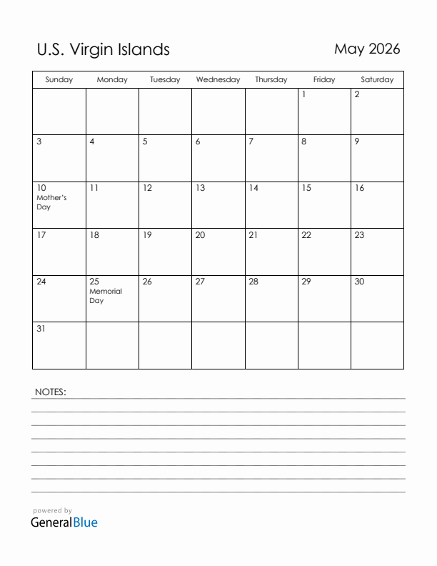 May 2026 U.S. Virgin Islands Calendar with Holidays (Sunday Start)