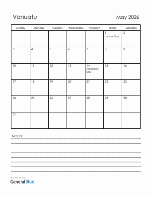 Current month calendar with Vanuatu holidays for May 2026