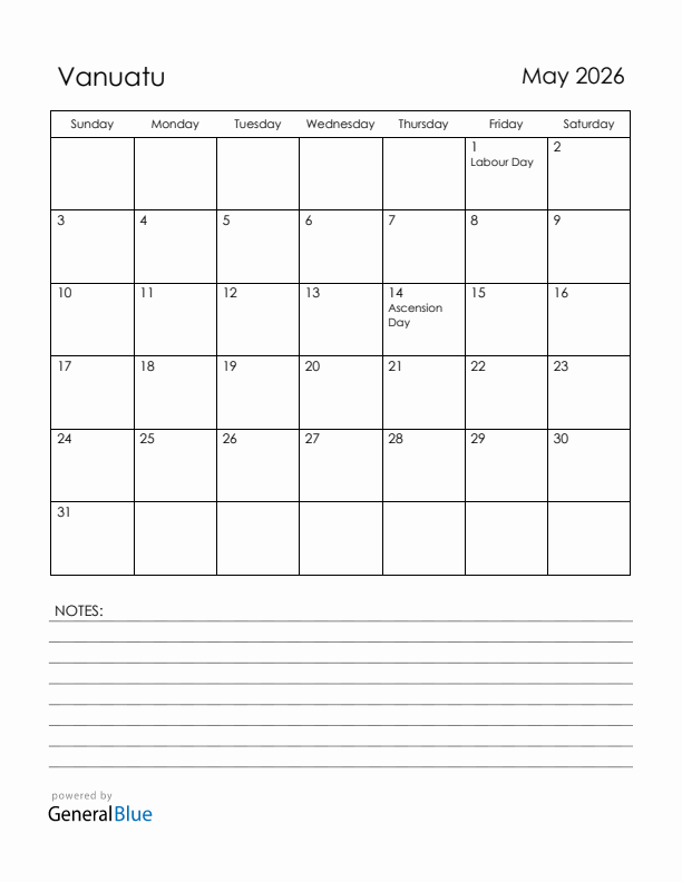 May 2026 Vanuatu Calendar with Holidays (Sunday Start)
