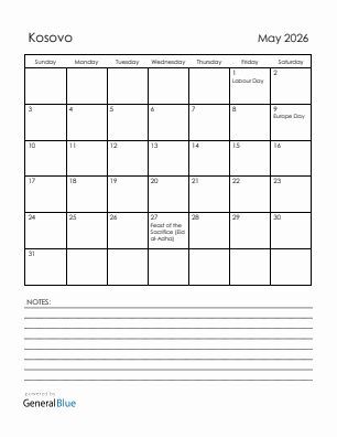 Current month calendar with Kosovo holidays for May 2026