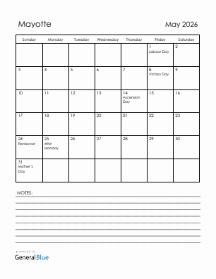 Current month calendar with Mayotte holidays for May 2026