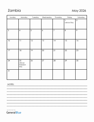 Current month calendar with Zambia holidays for May 2026