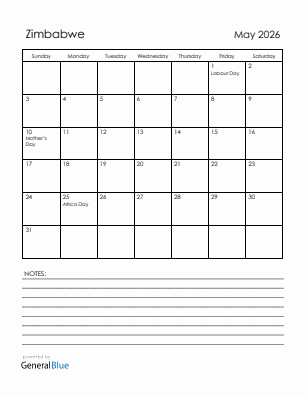 Current month calendar with Zimbabwe holidays for May 2026