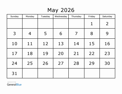 Next month calendar May 2026