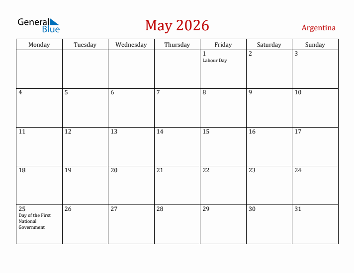 Argentina May 2026 Calendar - Monday Start
