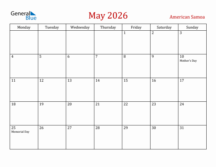 American Samoa May 2026 Calendar - Monday Start