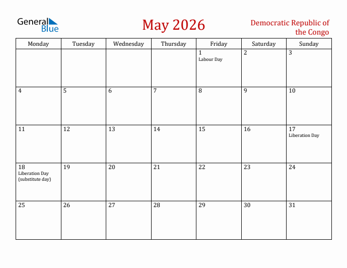Democratic Republic of the Congo May 2026 Calendar - Monday Start