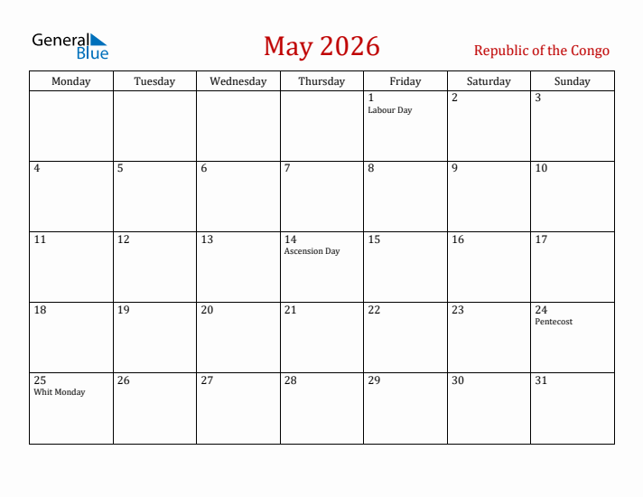 Republic of the Congo May 2026 Calendar - Monday Start