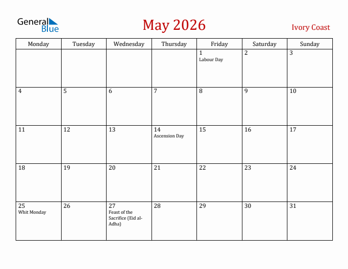 Ivory Coast May 2026 Calendar - Monday Start