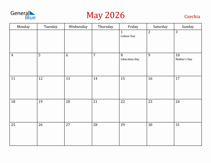 Czechia May 2026 Calendar - Monday Start
