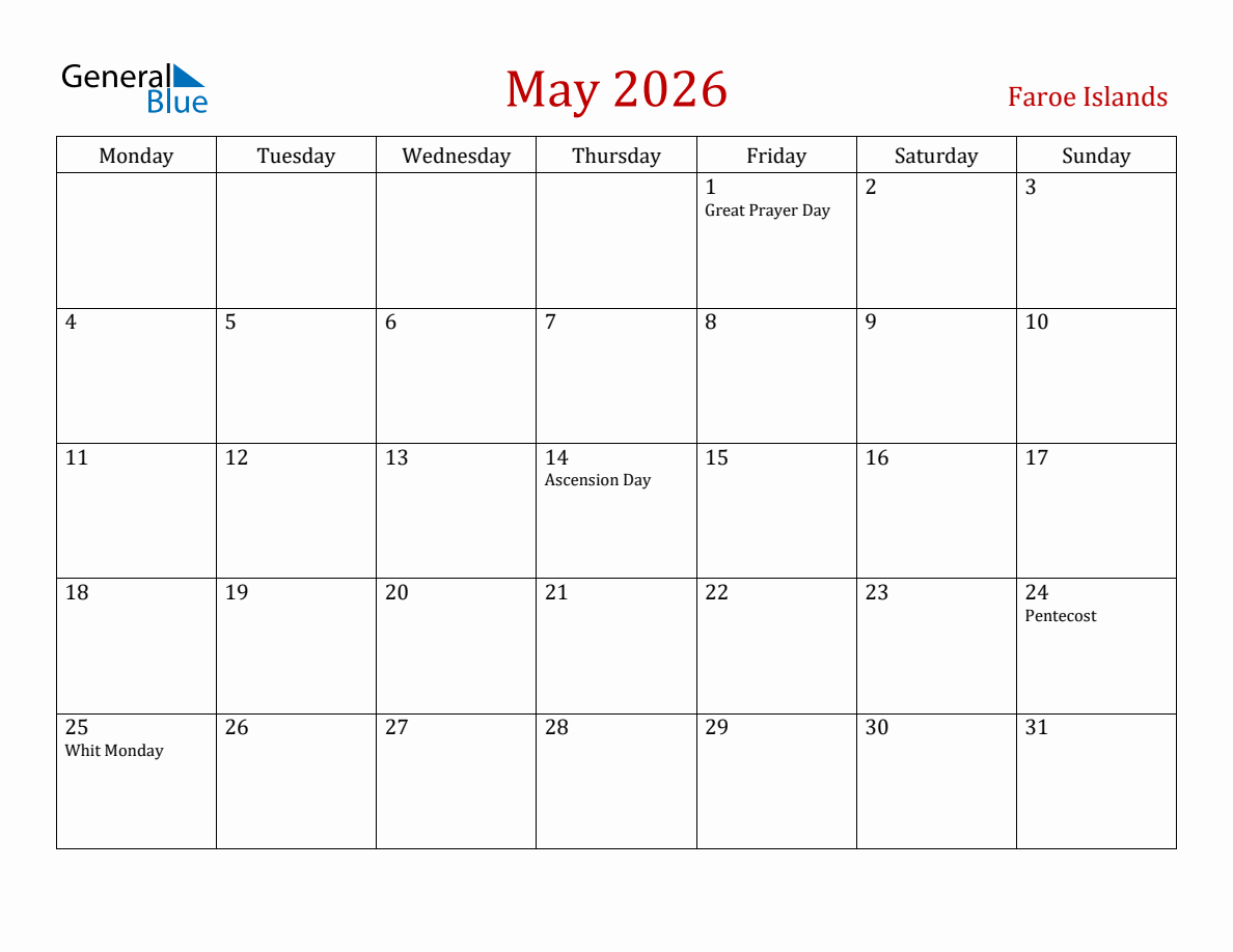 May 2026 Faroe Islands Monthly Calendar with Holidays (Monday Start)