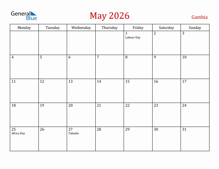 Gambia May 2026 Calendar - Monday Start
