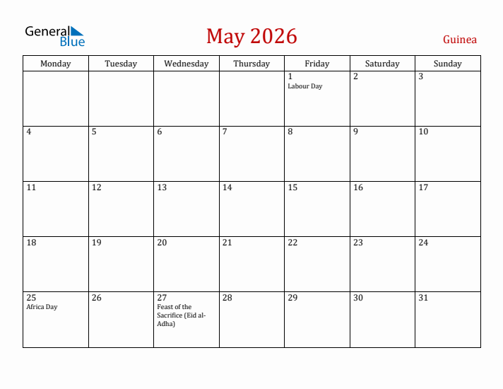 Guinea May 2026 Calendar - Monday Start