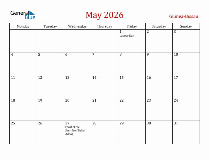 Guinea-Bissau May 2026 Calendar - Monday Start