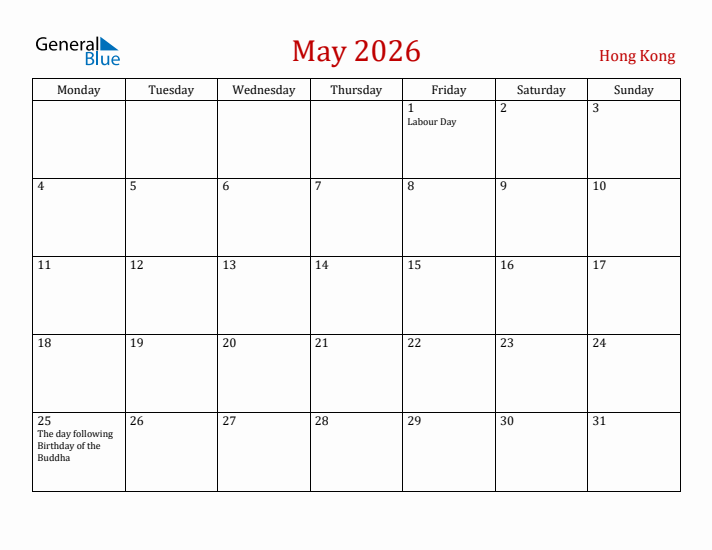 Hong Kong May 2026 Calendar - Monday Start
