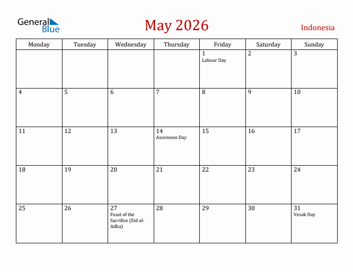 Indonesia May 2026 Calendar - Monday Start