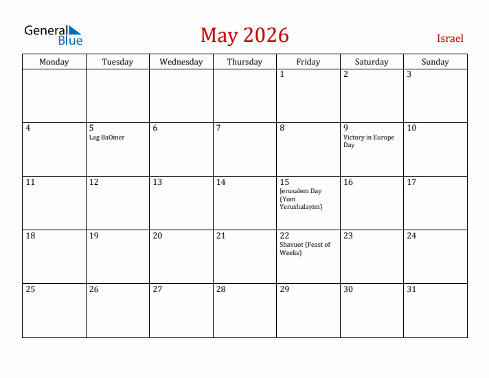 Israel May 2026 Calendar - Monday Start