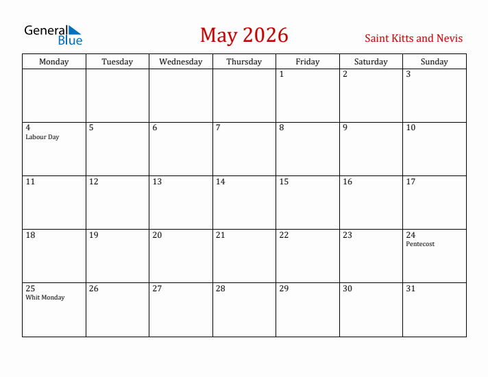 Saint Kitts and Nevis May 2026 Calendar - Monday Start