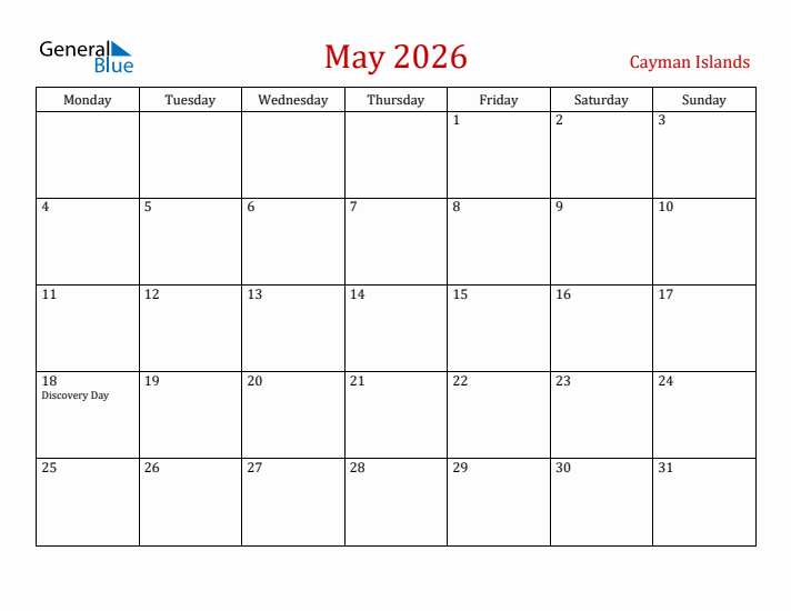 Cayman Islands May 2026 Calendar - Monday Start