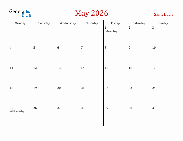 Saint Lucia May 2026 Calendar - Monday Start