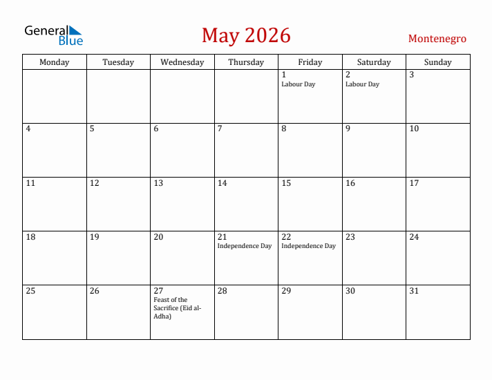 Montenegro May 2026 Calendar - Monday Start