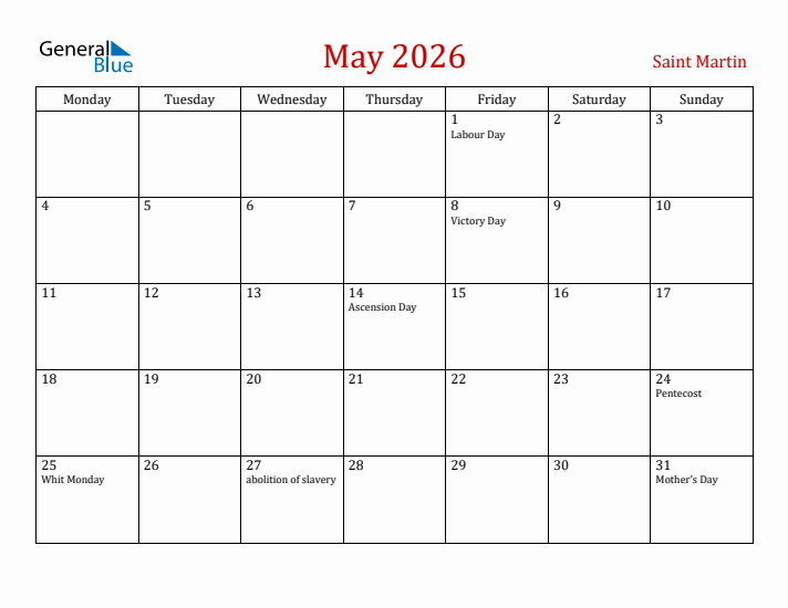 Saint Martin May 2026 Calendar - Monday Start