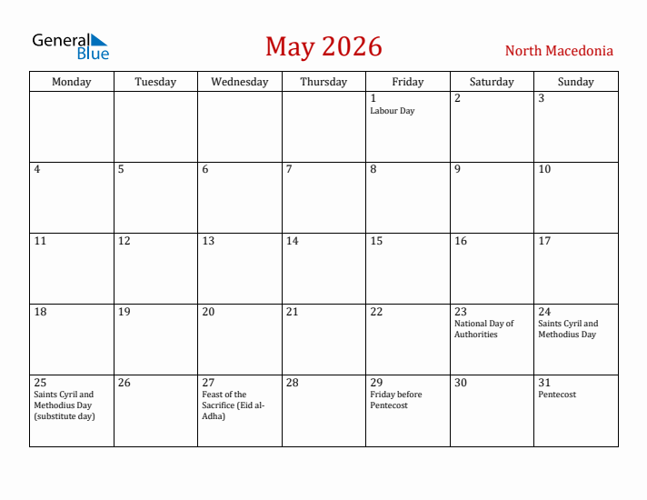 North Macedonia May 2026 Calendar - Monday Start
