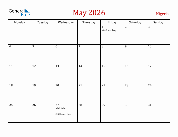 Nigeria May 2026 Calendar - Monday Start