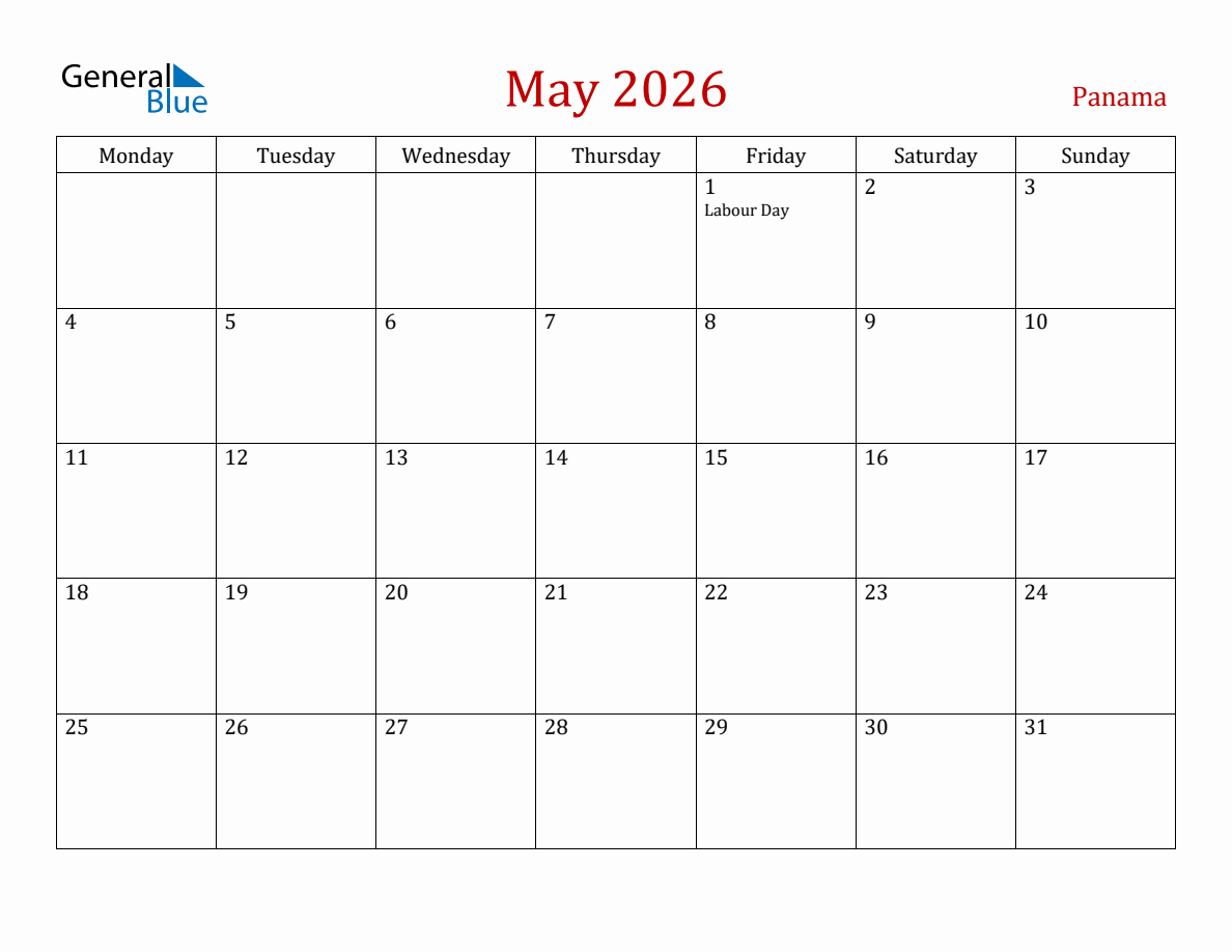 May 2026 Panama Monthly Calendar with Holidays