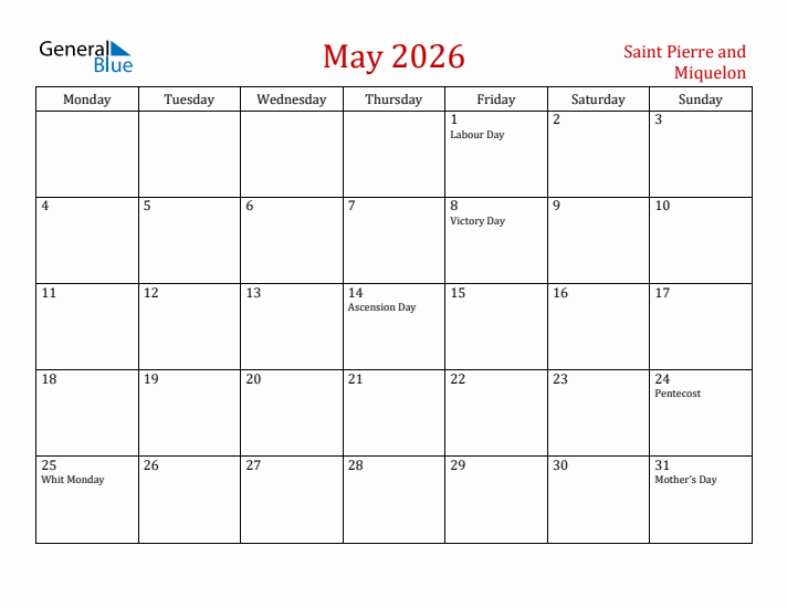 Saint Pierre and Miquelon May 2026 Calendar - Monday Start