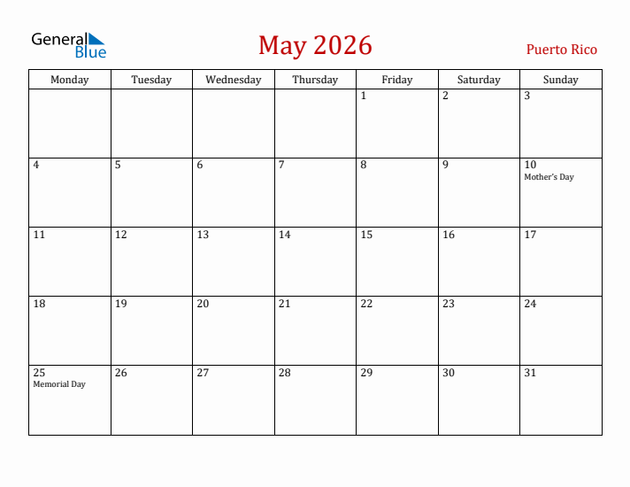 Puerto Rico May 2026 Calendar - Monday Start