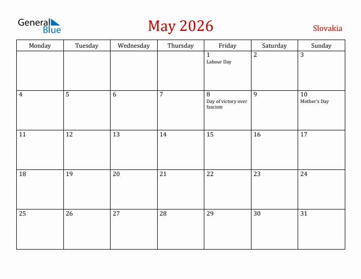 Slovakia May 2026 Calendar - Monday Start