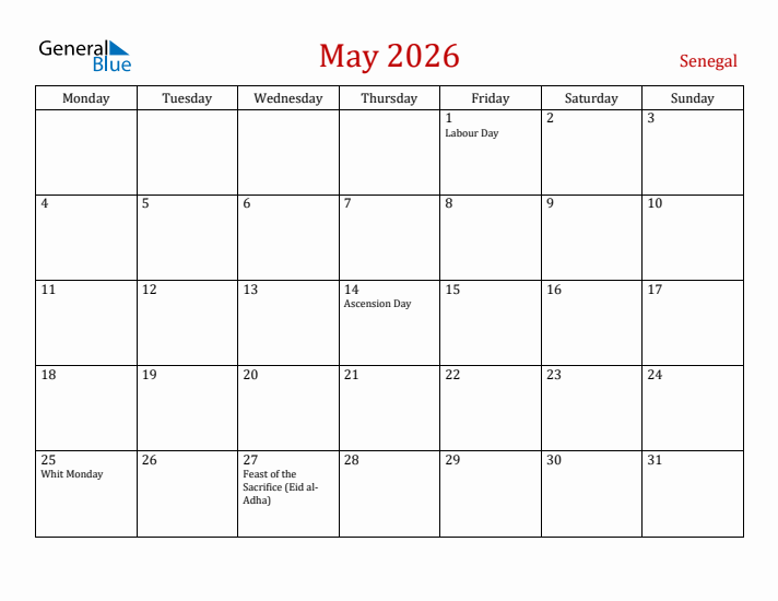 Senegal May 2026 Calendar - Monday Start
