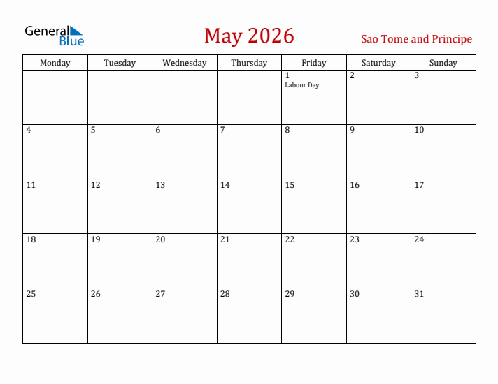 Sao Tome and Principe May 2026 Calendar - Monday Start
