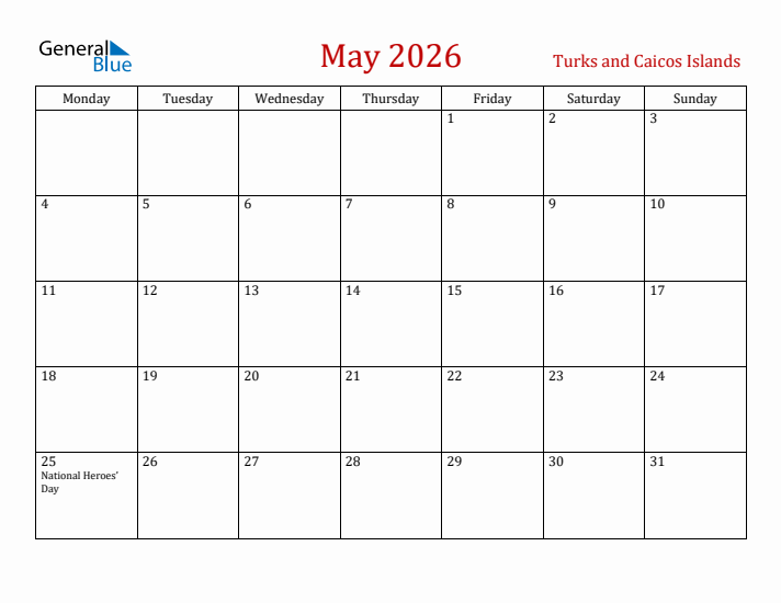 Turks and Caicos Islands May 2026 Calendar - Monday Start