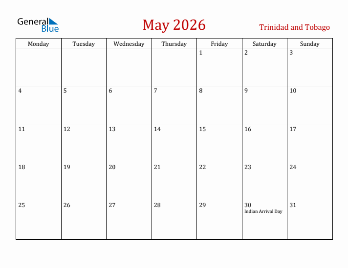 Trinidad and Tobago May 2026 Calendar - Monday Start