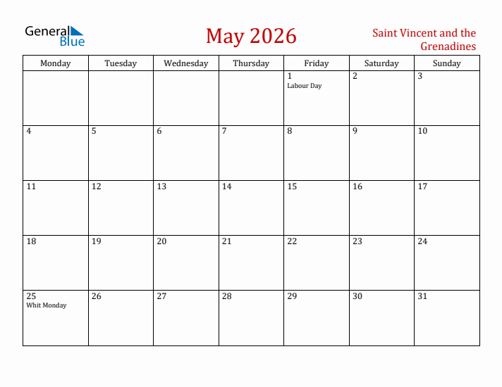 Saint Vincent and the Grenadines May 2026 Calendar - Monday Start