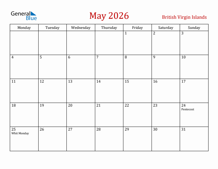 British Virgin Islands May 2026 Calendar - Monday Start
