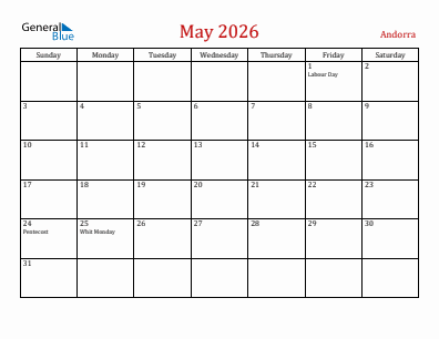 Current month calendar with Andorra holidays for May 2026