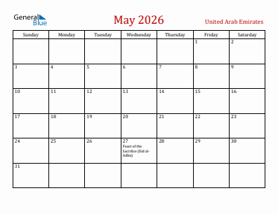 Current month calendar with United Arab Emirates holidays for May 2026