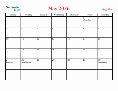 Current month calendar with Anguilla holidays for May 2026