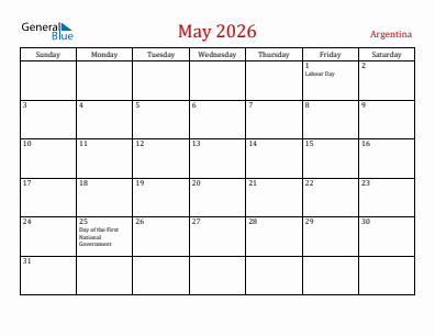 Current month calendar with Argentina holidays for May 2026