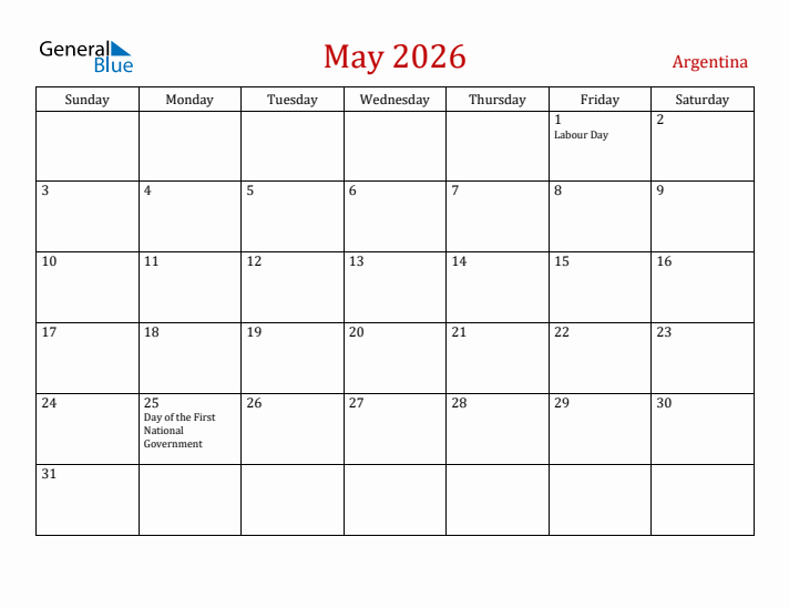 Argentina May 2026 Calendar - Sunday Start