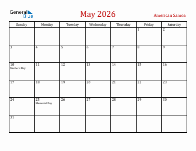 Current month calendar with American Samoa holidays for May 2026